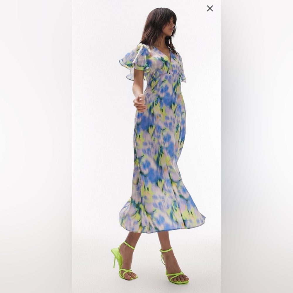 WORN ONCE! Topshop v-neck angel sleeve midi dress in multi - Picture 2 of 5